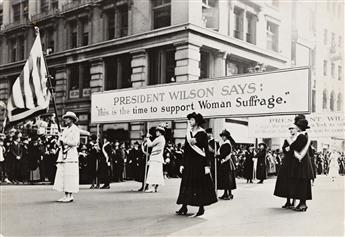 (WOMENS SUFFRAGE--U.S. & ENGLAND) A group of five photographs depicting marches (2), a Chicago polling location, a portrait of Emmelin